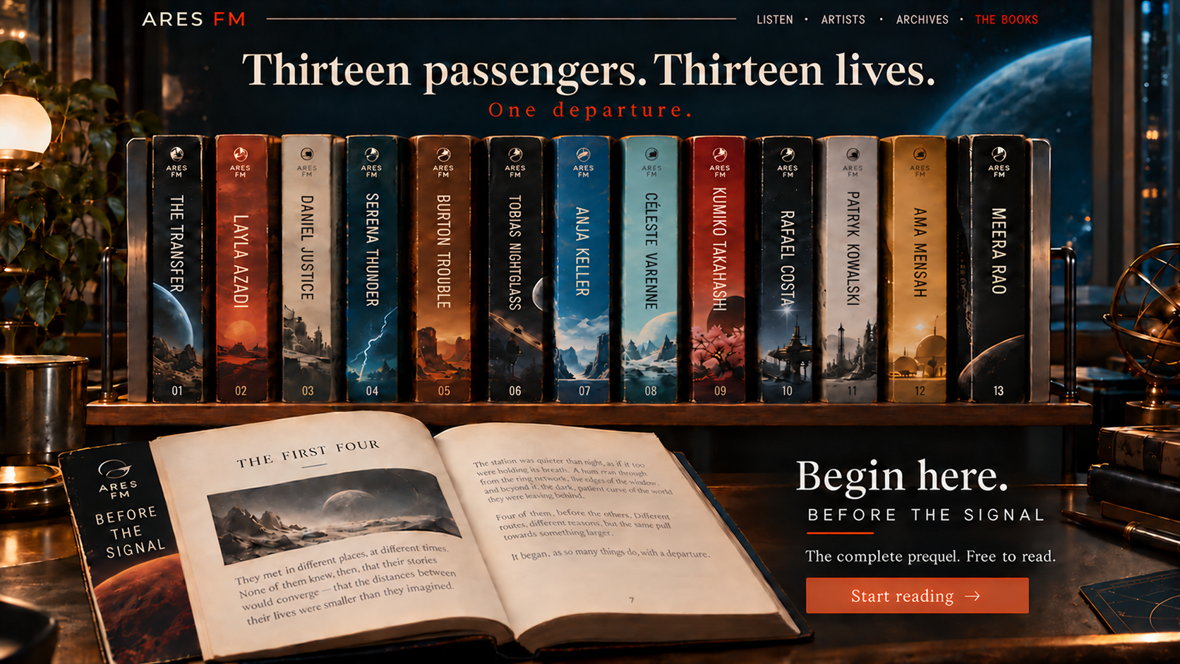 Thirteen vintage passenger paperbacks on a shelf, with Meera Rao at the right. Before the Signal lies open in front.
